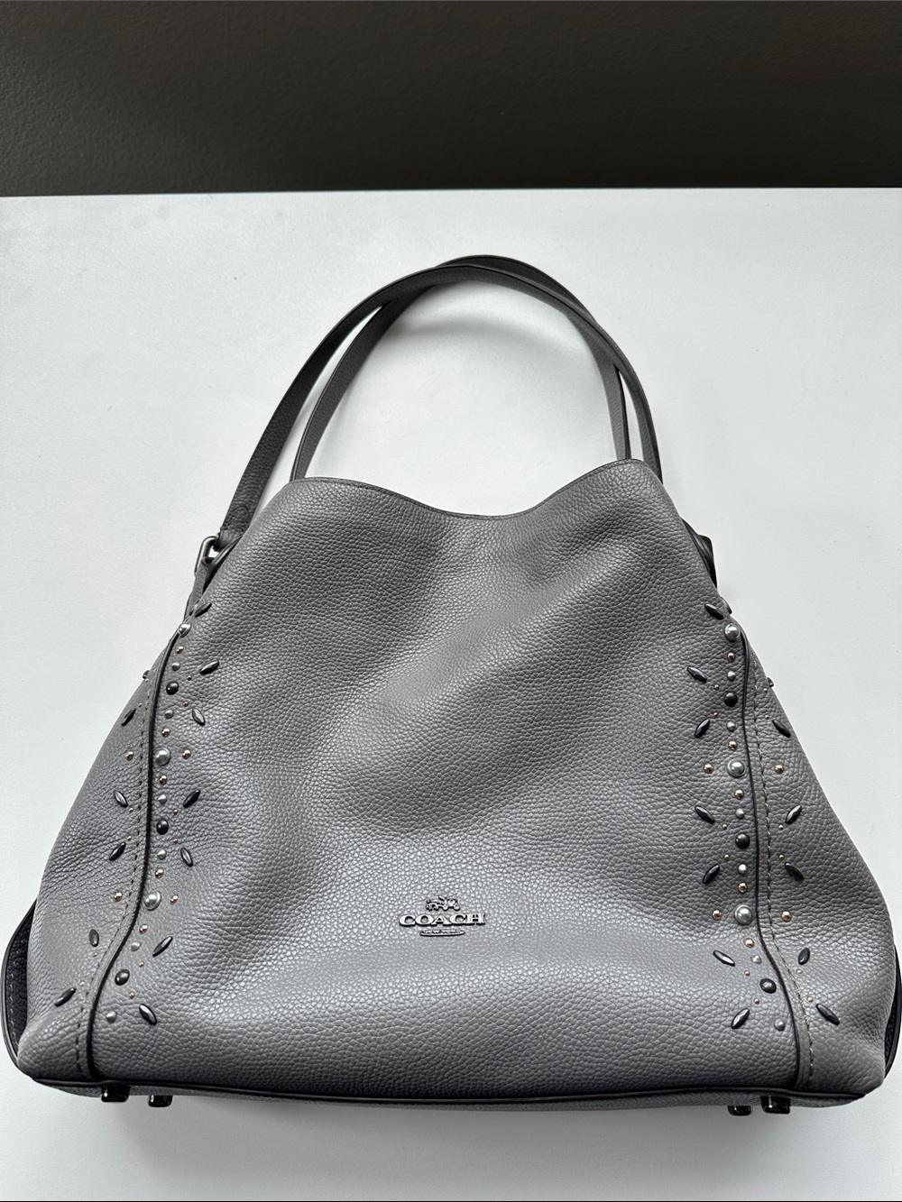 Coach Pebbled Leather Shoulder Bag in Gray with Stud Accents